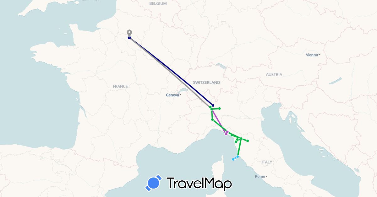 TravelMap itinerary: driving, bus, plane, train, boat in France, Italy (Europe)